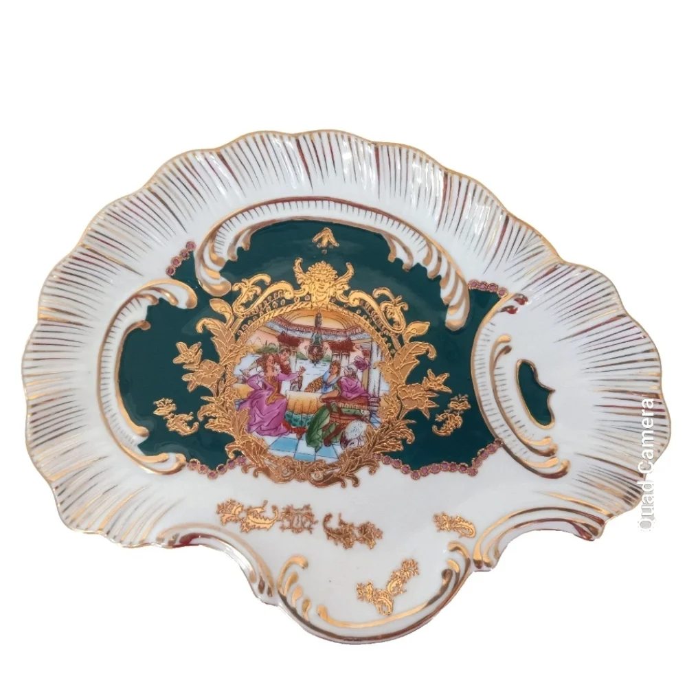 Ornate Gold Gilt Porcelain Handled Plate Green Victorian Romantic Scene